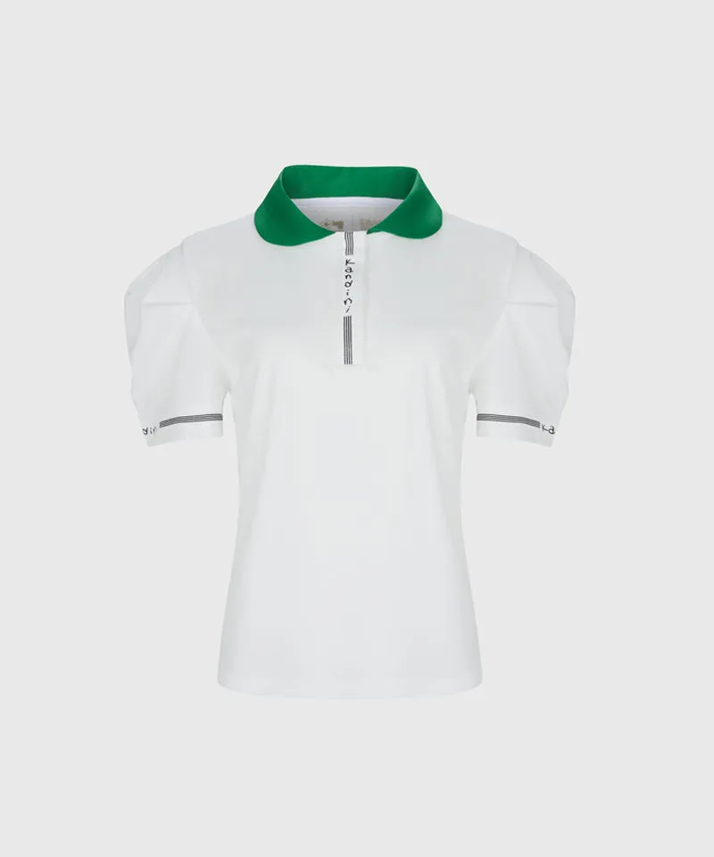 KANDINI Color Round Polo Shirts With Puff Sleeve - Green
