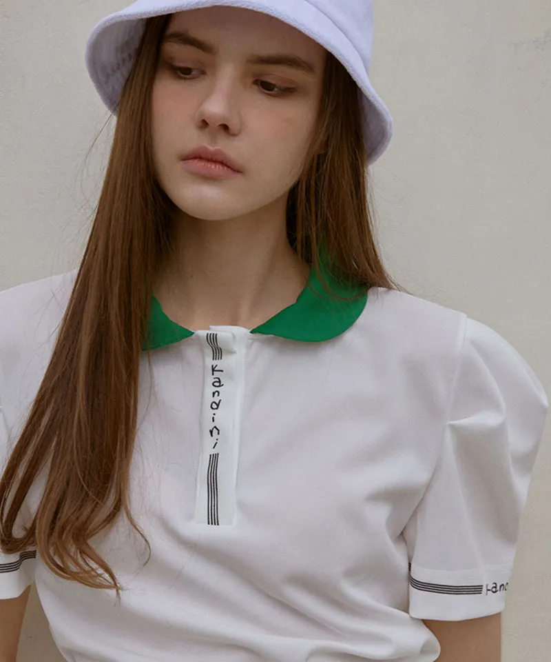 KANDINI Color Round Polo Shirts With Puff Sleeve - Green