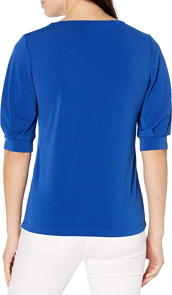 Kasper Women's Solid Moss Crepe T Shirt with Puff Sleeve, Twilight Blue, M