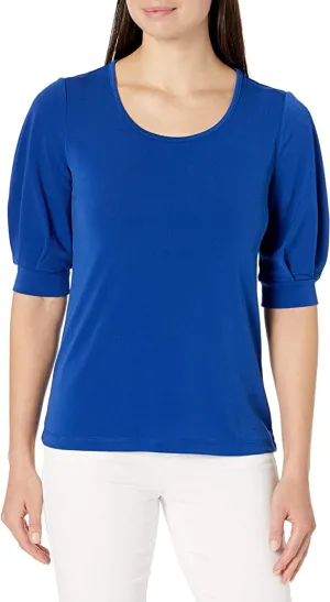 Kasper Women's Solid Moss Crepe T Shirt with Puff Sleeve, Twilight Blue, M