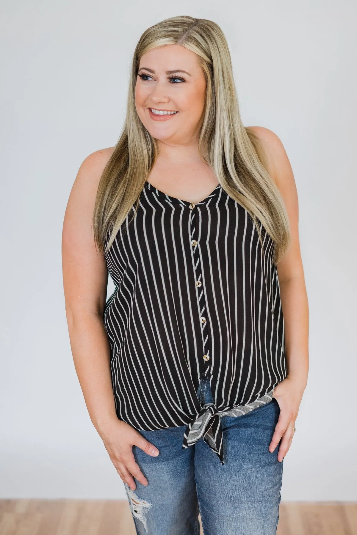Keep Me Satisfied Striped Tank Top- Black