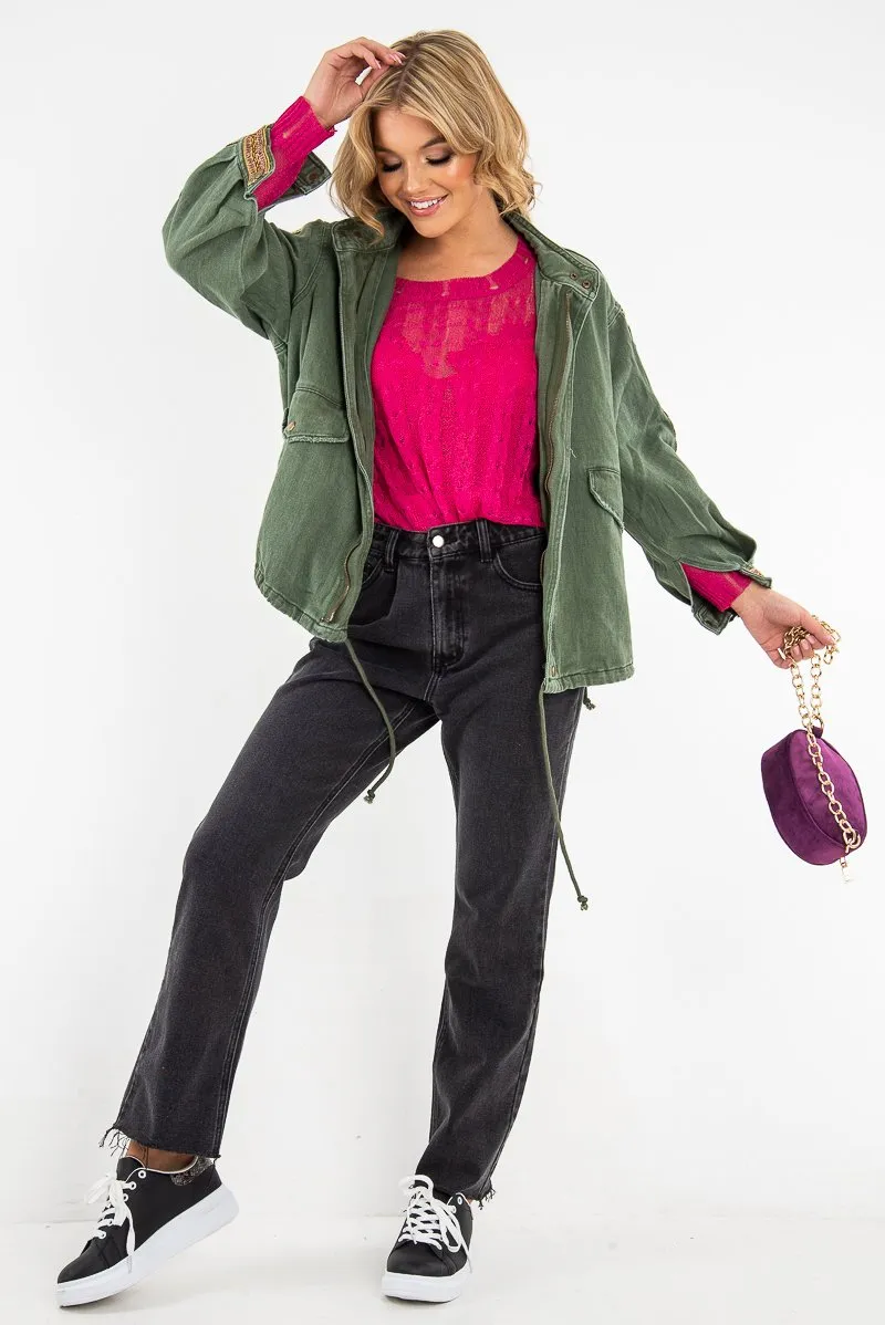 Khaki Embroidered Sleeve Detail Denim Parka Jacket - Kaori
