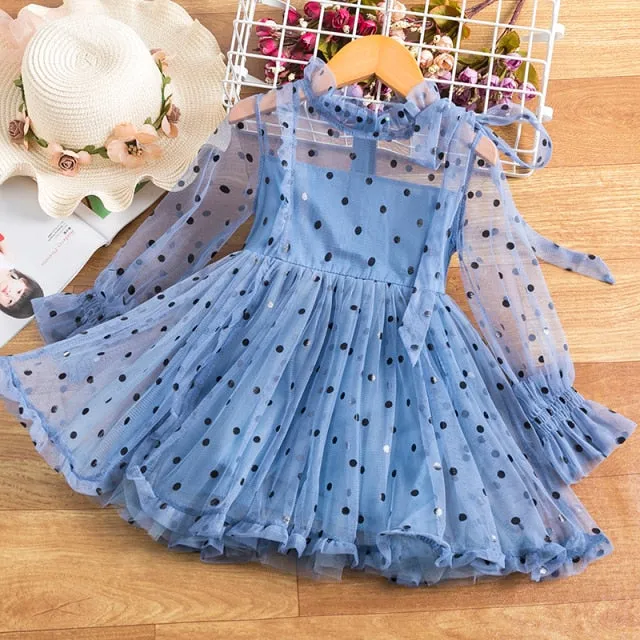 Kids Dress For Girls Spring Puff Long Sleeve Fairy Dresses Mesh Chiffon Polka Dots Summer