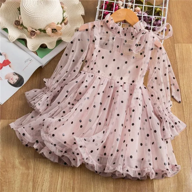 Kids Dress For Girls Spring Puff Long Sleeve Fairy Dresses Mesh Chiffon Polka Dots Summer