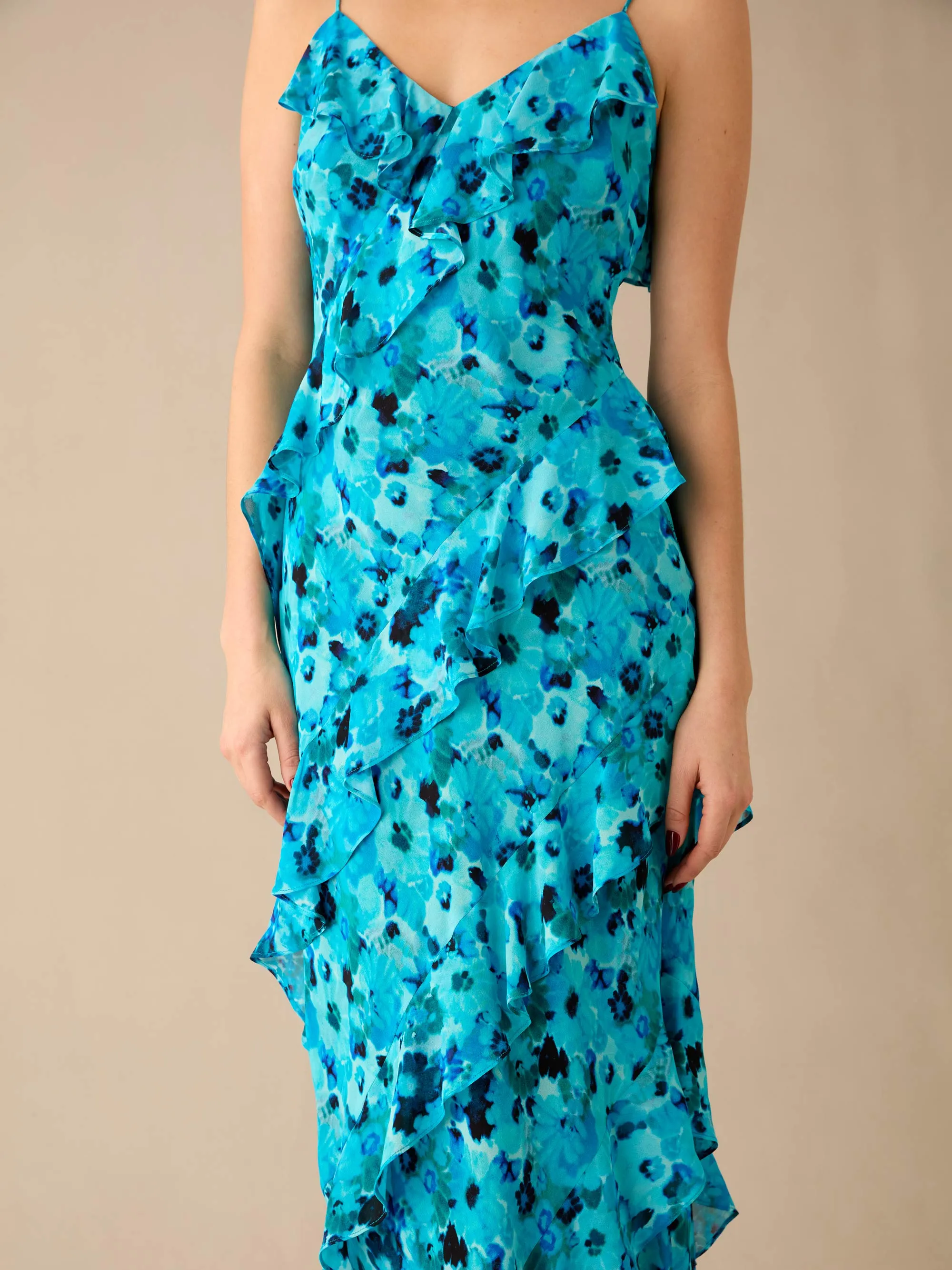 Kirstee Blue Floral Print Ruffle Cami Maxi Dress
