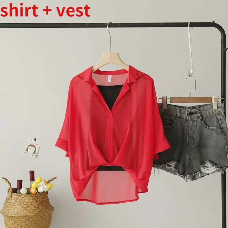 Ladies 2022 Two Piece Set Leopard Chiffon Shirts Summer Half Sleeve Loose V-Neck Women Casual Blouse Sexy Striped Tops