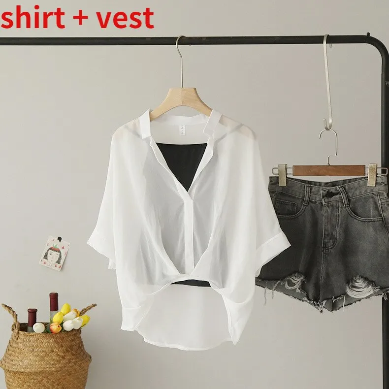 Ladies 2022 Two Piece Set Leopard Chiffon Shirts Summer Half Sleeve Loose V-Neck Women Casual Blouse Sexy Striped Tops