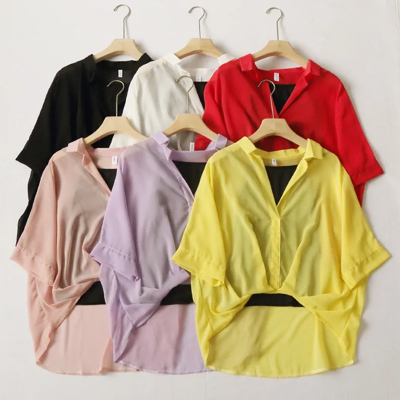 Ladies 2022 Two Piece Set Leopard Chiffon Shirts Summer Half Sleeve Loose V-Neck Women Casual Blouse Sexy Striped Tops