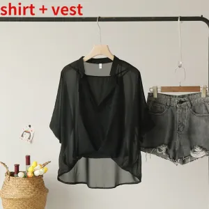 Ladies 2022 Two Piece Set Leopard Chiffon Shirts Summer Half Sleeve Loose V-Neck Women Casual Blouse Sexy Striped Tops