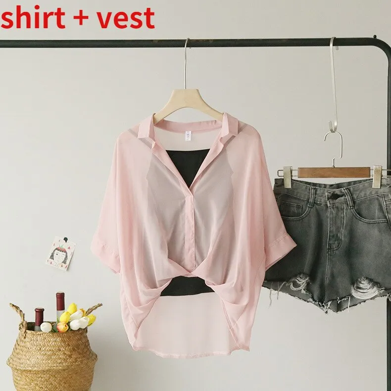 Ladies 2022 Two Piece Set Leopard Chiffon Shirts Summer Half Sleeve Loose V-Neck Women Casual Blouse Sexy Striped Tops