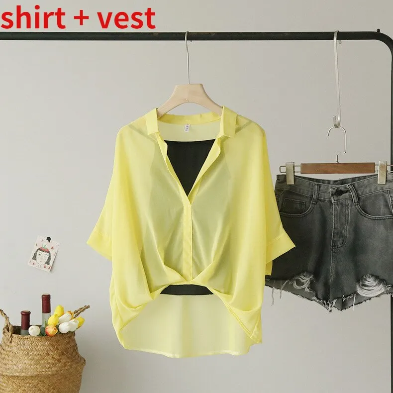 Ladies 2022 Two Piece Set Leopard Chiffon Shirts Summer Half Sleeve Loose V-Neck Women Casual Blouse Sexy Striped Tops