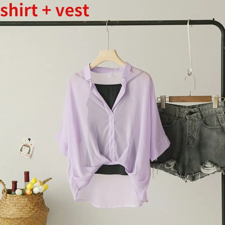 Ladies 2022 Two Piece Set Leopard Chiffon Shirts Summer Half Sleeve Loose V-Neck Women Casual Blouse Sexy Striped Tops