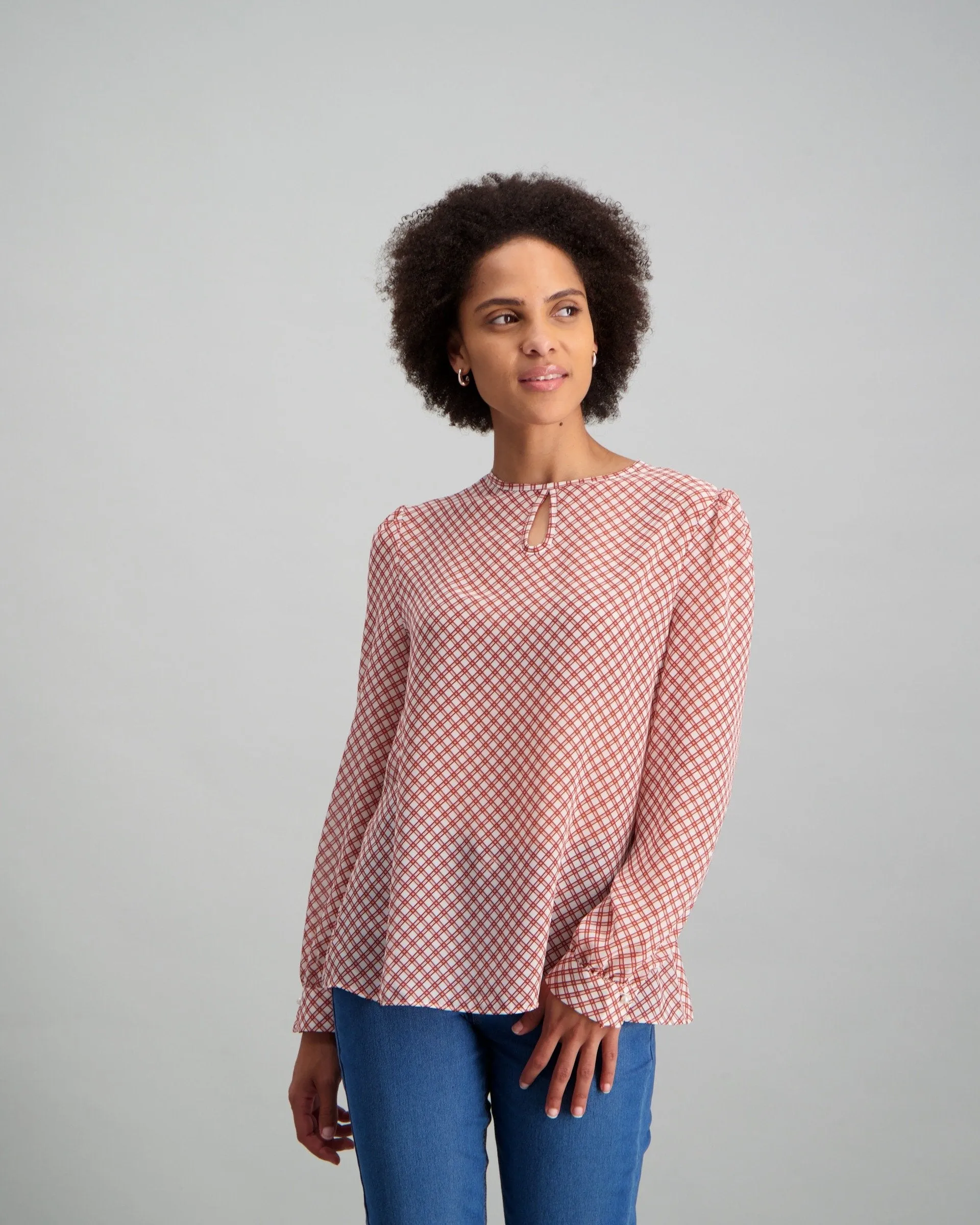 Ladies Pearl Button Gridlock Printed Blouse - Rust
