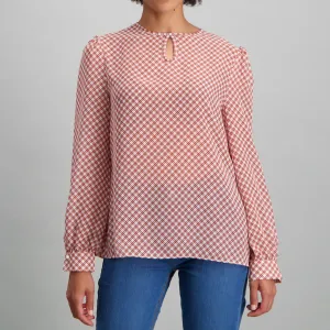 Ladies Pearl Button Gridlock Printed Blouse - Rust