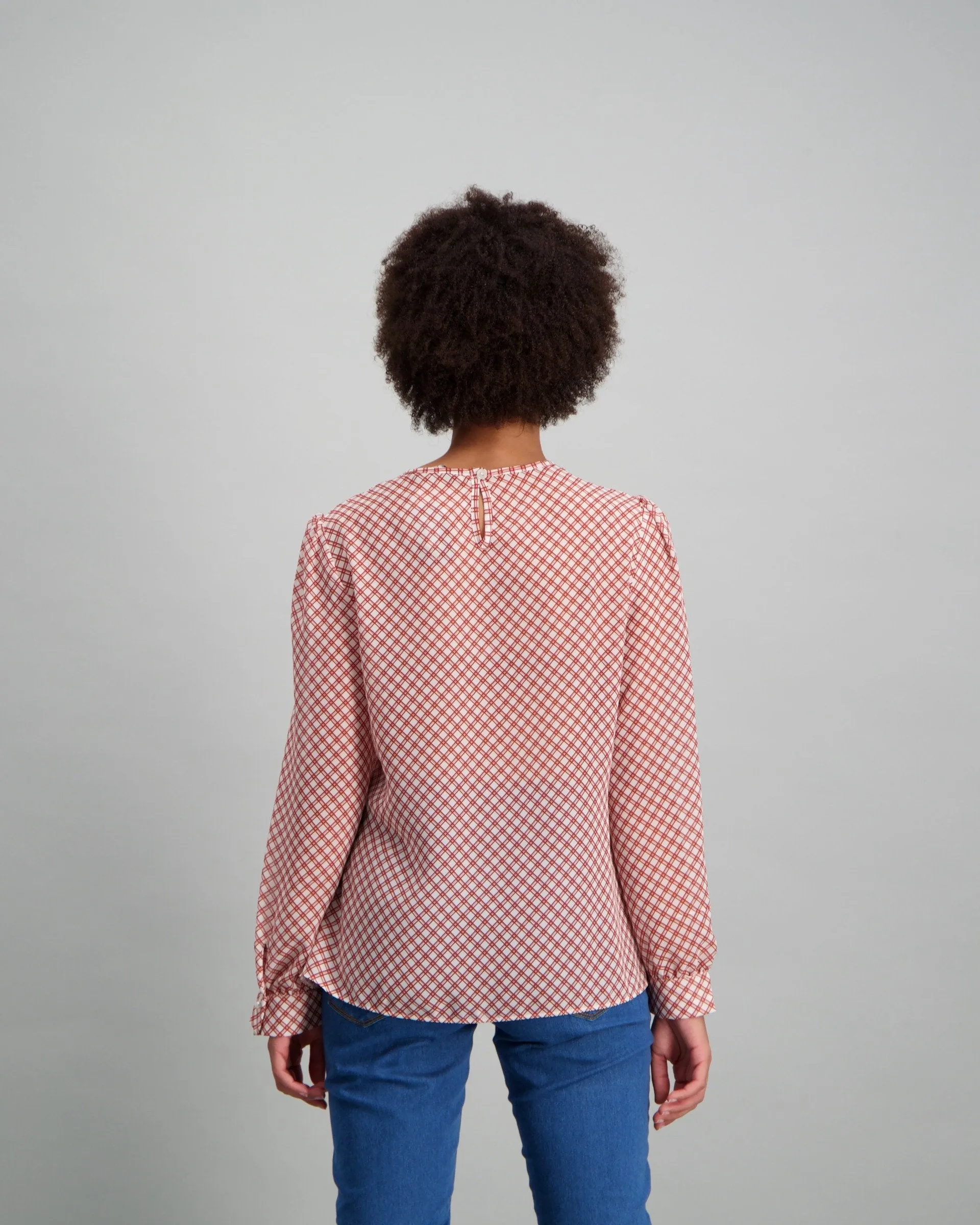 Ladies Pearl Button Gridlock Printed Blouse - Rust