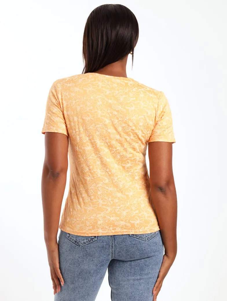 Ladies Short Sleeve Puff Patterned Tee - Apricot