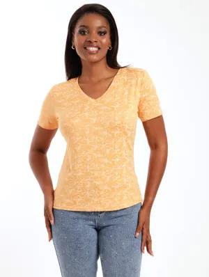 Ladies Short Sleeve Puff Patterned Tee - Apricot