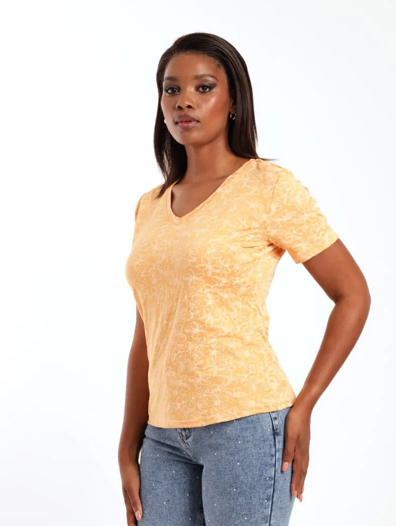Ladies Short Sleeve Puff Patterned Tee - Apricot
