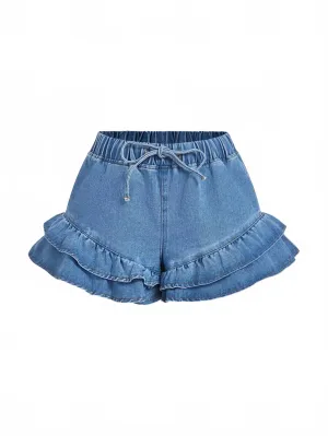Leah Denim Shorts Women Ruffle Hem Design in Blue