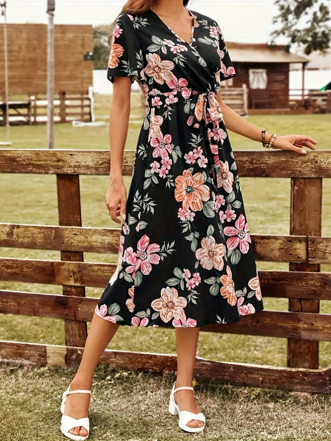 Lennie Tied Floral Surplice Short Sleeve Dress