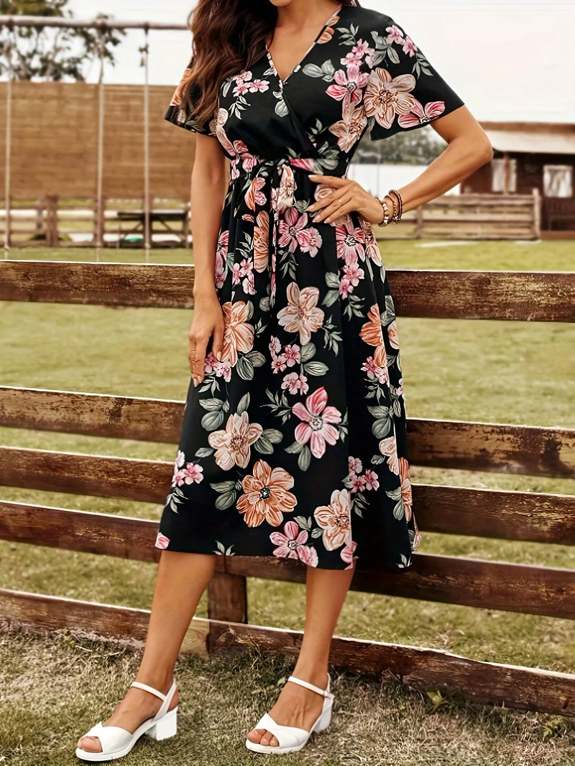 Lennie Tied Floral Surplice Short Sleeve Dress