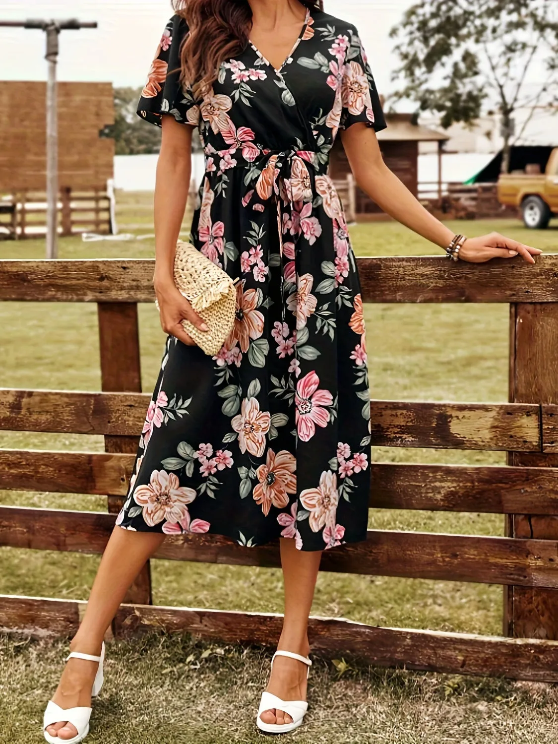 Lennie Tied Floral Surplice Short Sleeve Dress