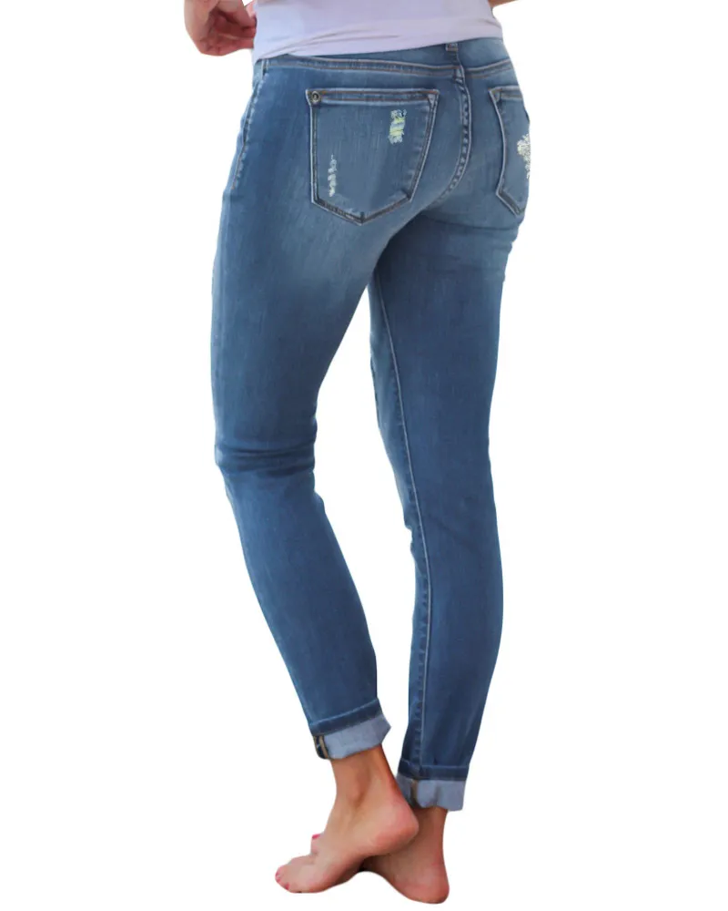 Leopard Print Ripped Patch Stretch Jeans
