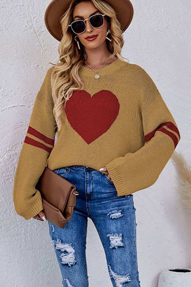 Lily Clothing - WOMEN OVERSIZED HEART PRINTING RIBBED PULLOVER_CWOSWL0323: APRICOT / (L) 1