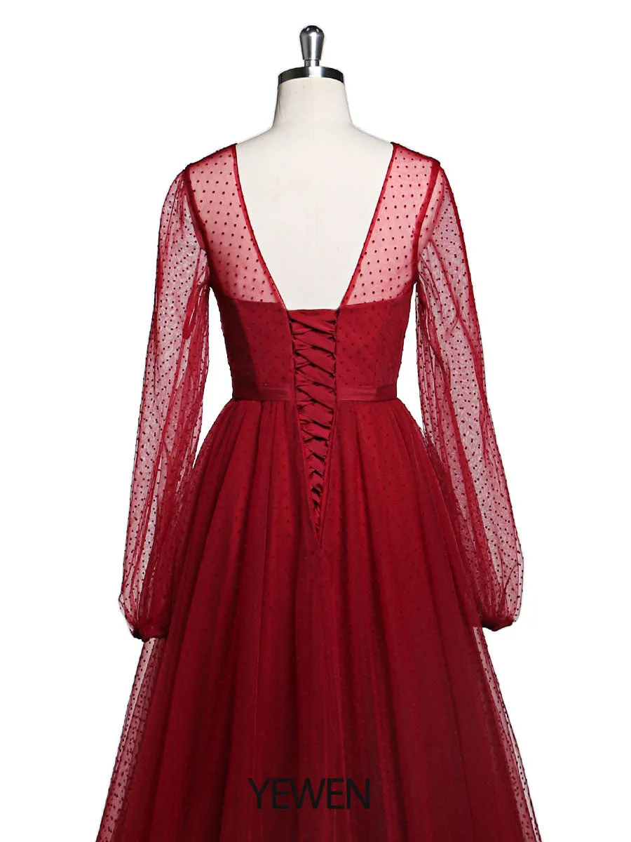 Long Sleeve Crew Neck Polka Dot Tulle Prom Party Dress for Photo Shoot