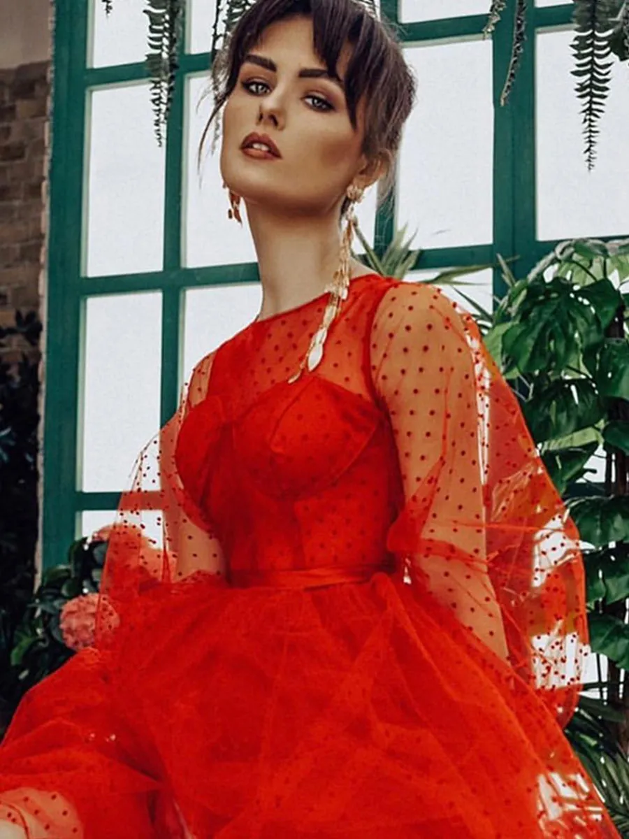 Long Sleeve Crew Neck Polka Dot Tulle Prom Party Dress for Photo Shoot