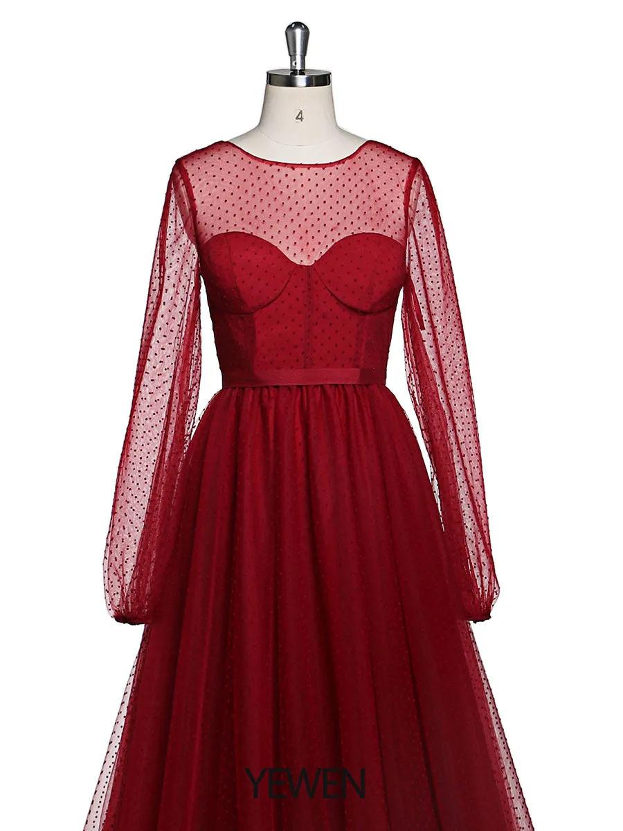 Long Sleeve Crew Neck Polka Dot Tulle Prom Party Dress for Photo Shoot