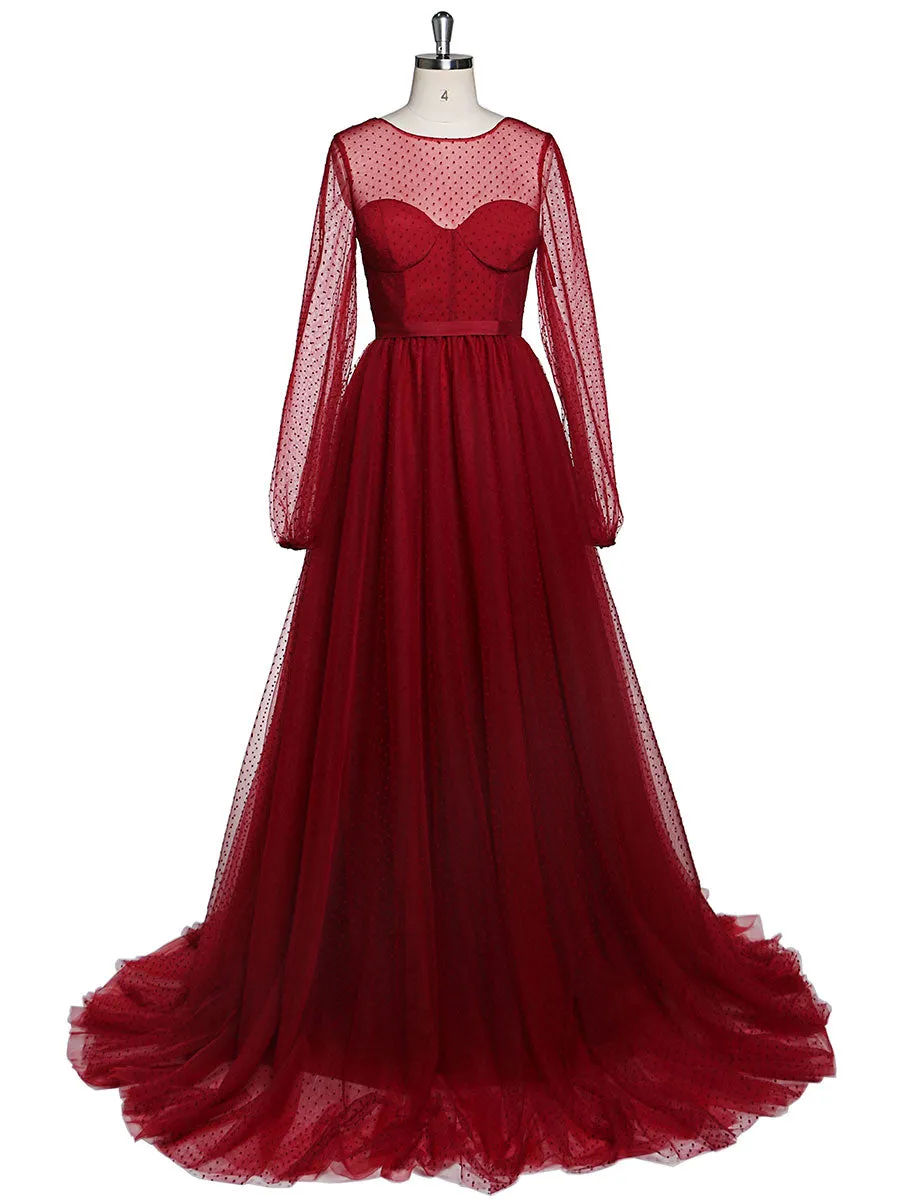 Long Sleeve Crew Neck Polka Dot Tulle Prom Party Dress for Photo Shoot