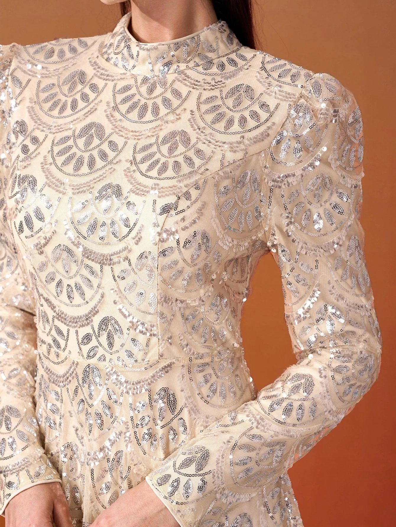 Long Sleeve Lace Back Sequin Prom Dress MES00628