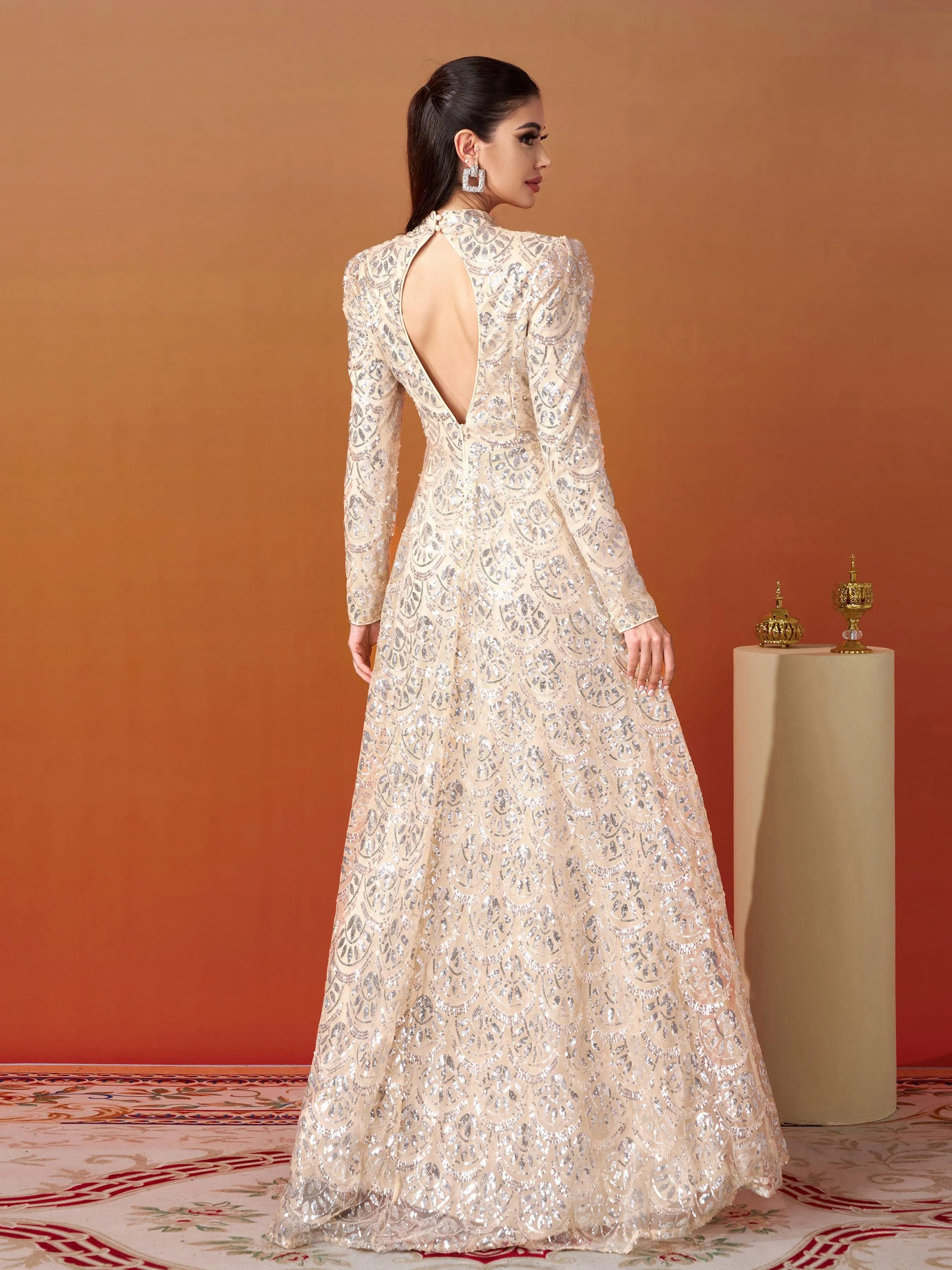 Long Sleeve Lace Back Sequin Prom Dress MES00628