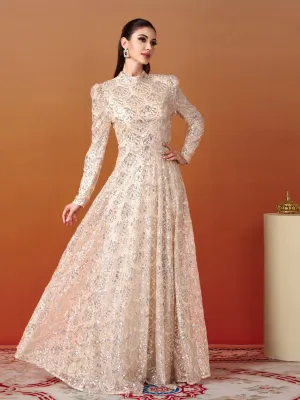 Long Sleeve Lace Back Sequin Prom Dress MES00628