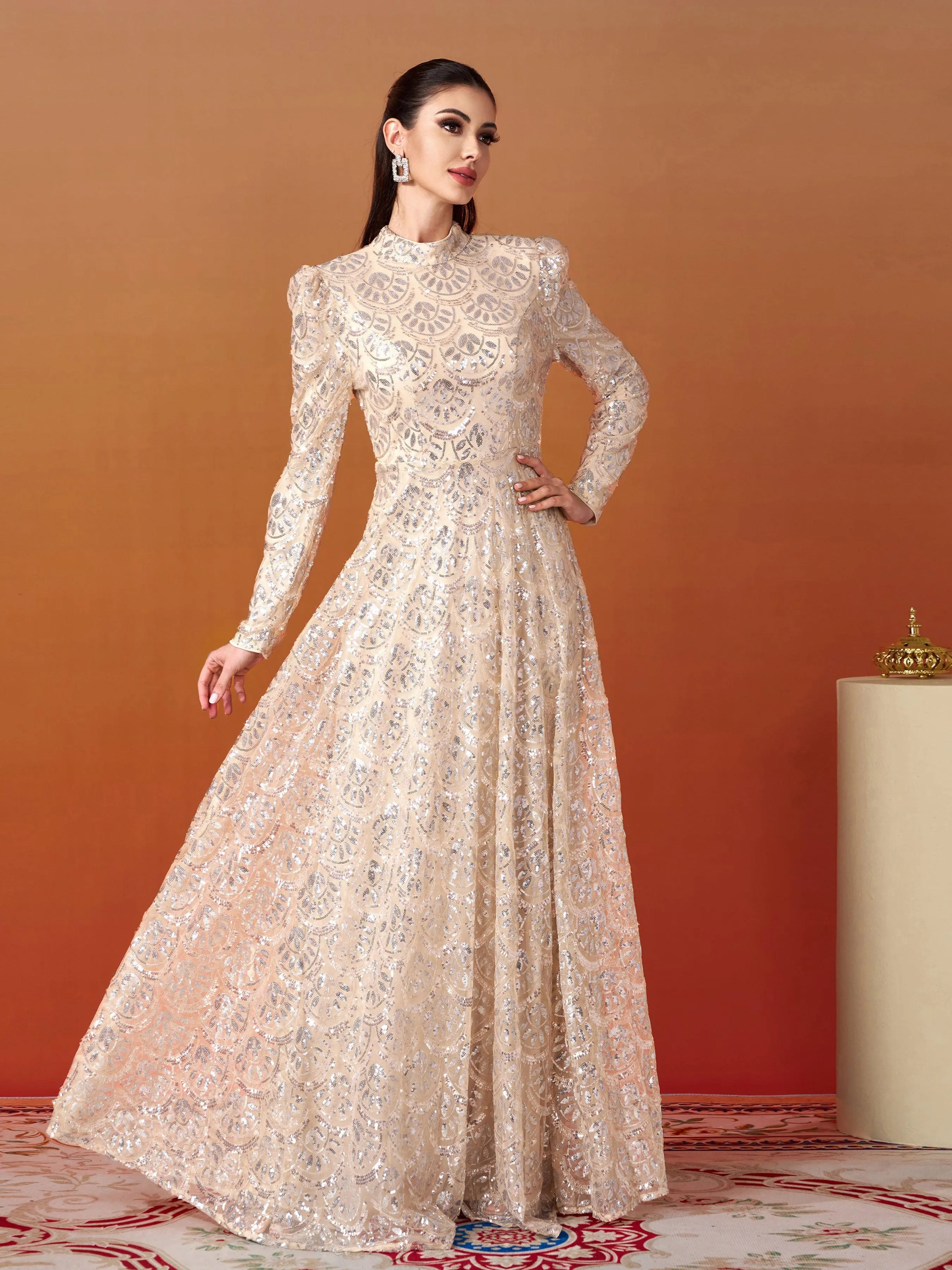 Long Sleeve Lace Back Sequin Prom Dress MES00628