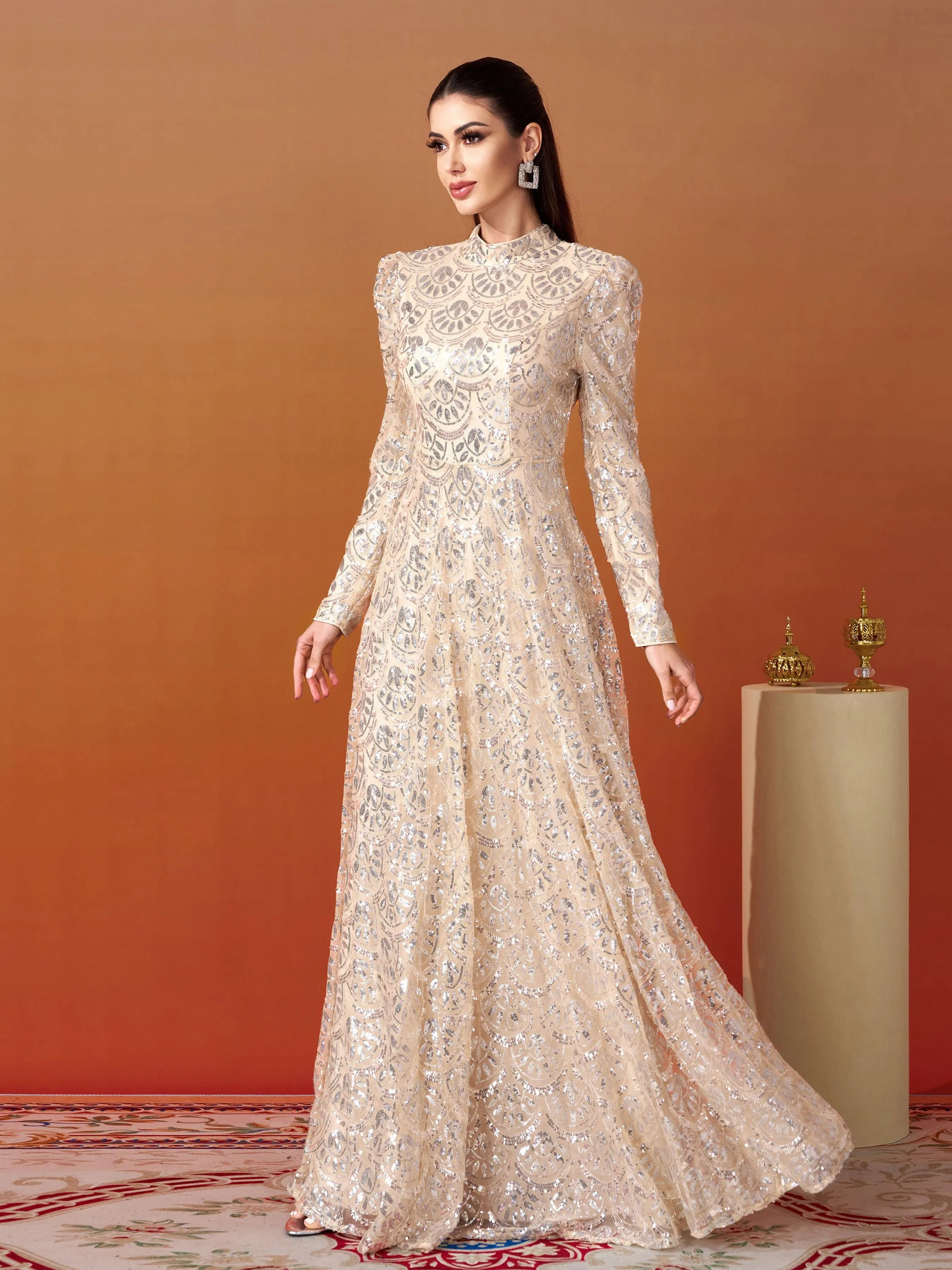 Long Sleeve Lace Back Sequin Prom Dress MES00628
