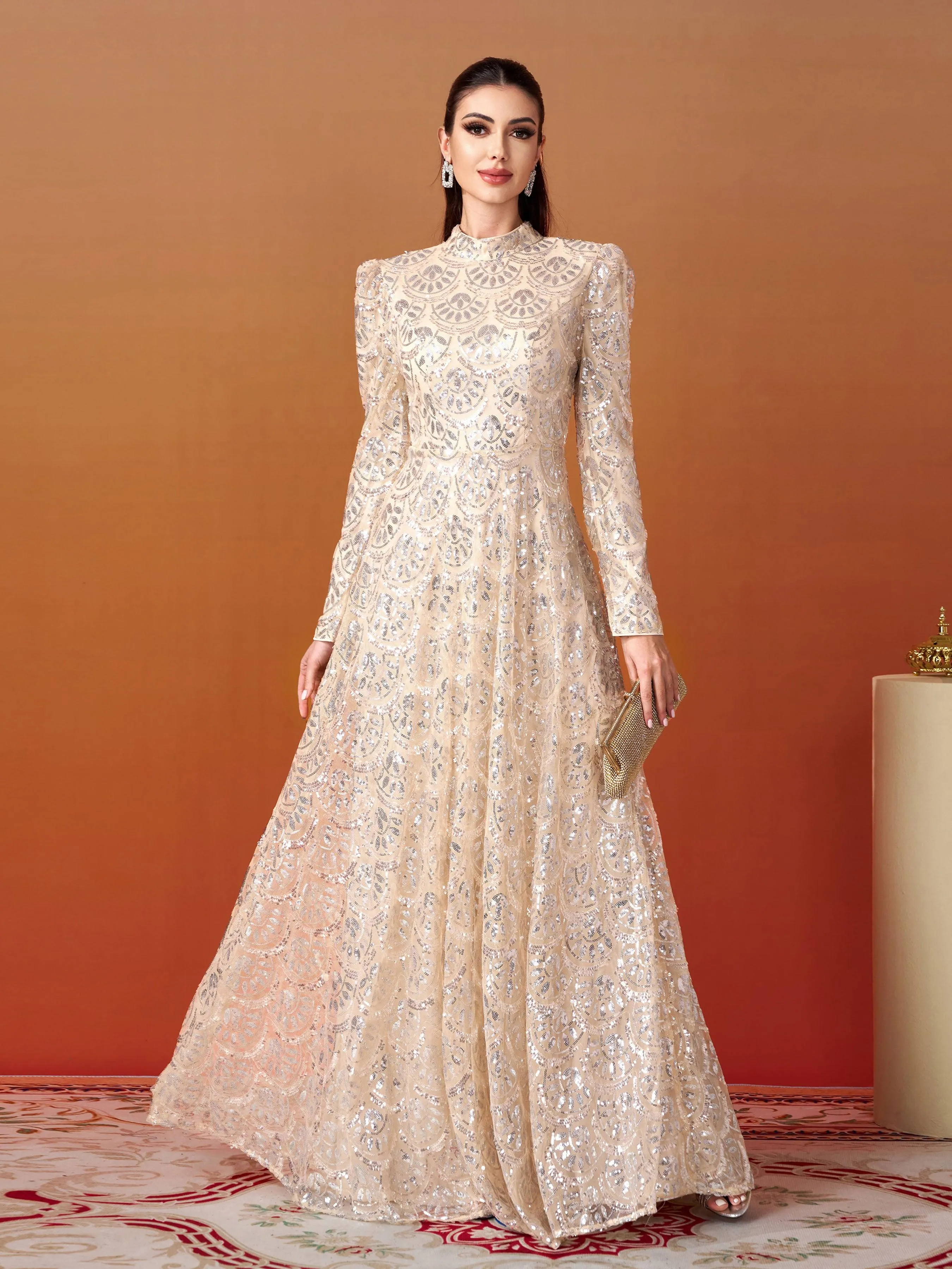 Long Sleeve Lace Back Sequin Prom Dress MES00628