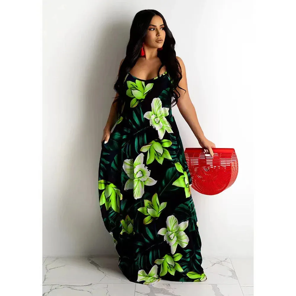 Loose Floral Print Slip Dress Long Skirt Floral Dress