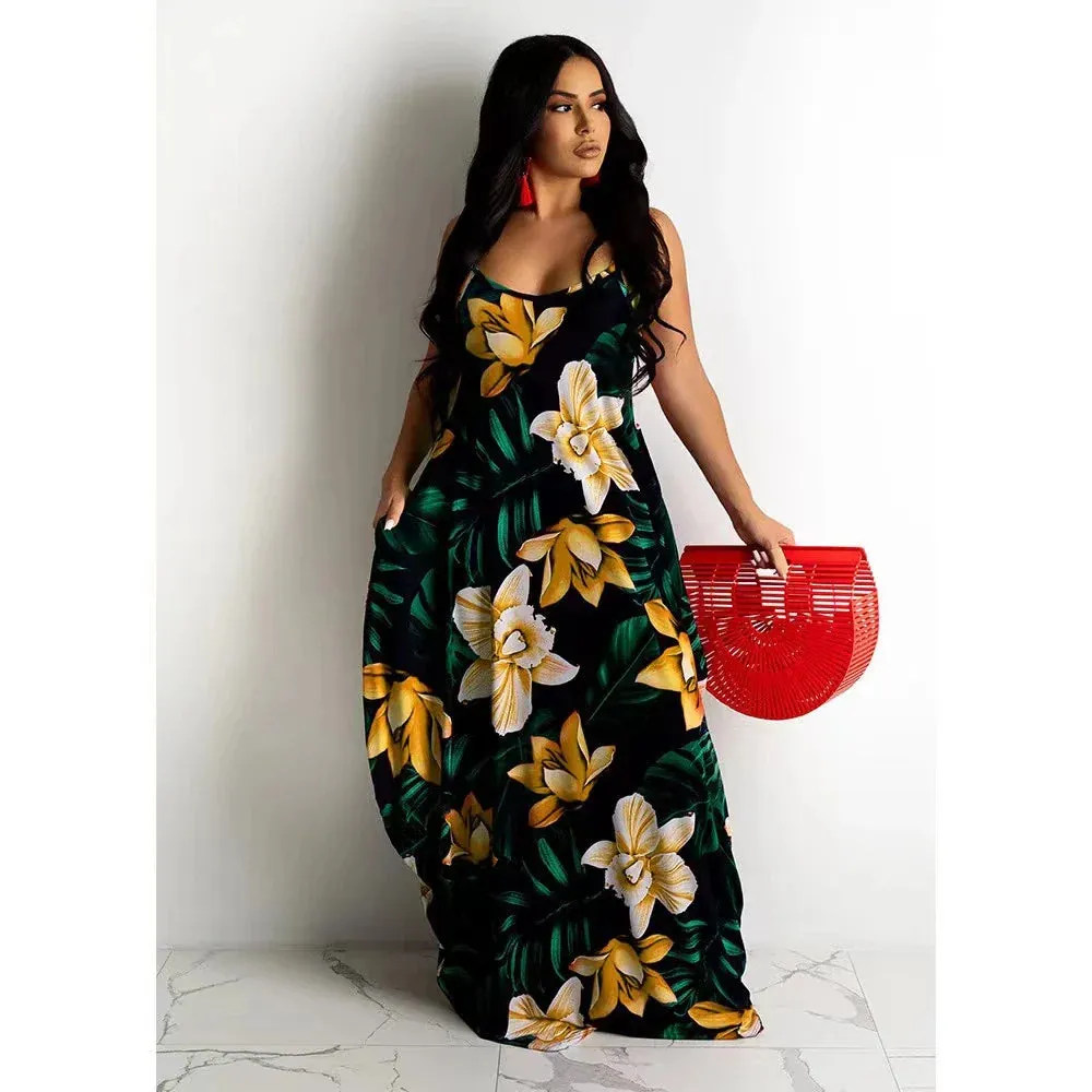 Loose Floral Print Slip Dress Long Skirt Floral Dress