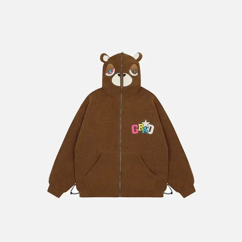 Loose Sleepy Bear Ears Fleece Hooded Jacket Y2K Style