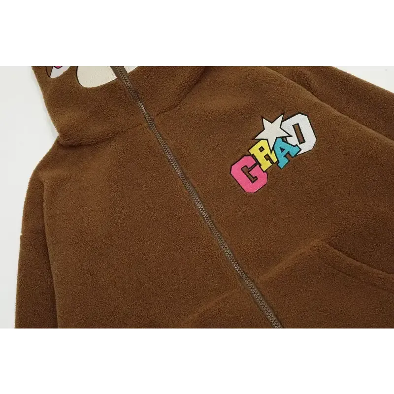 Loose Sleepy Bear Ears Fleece Hooded Jacket Y2K Style