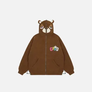 Loose Sleepy Bear Ears Fleece Hooded Jacket Y2K Style