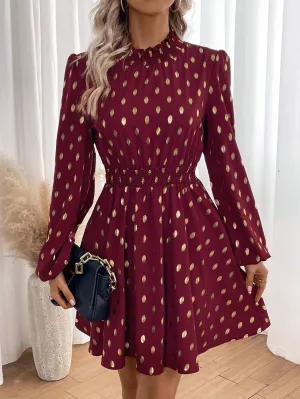 LUNE Gold Dot Print Lantern Sleeve Frill Neck Dress