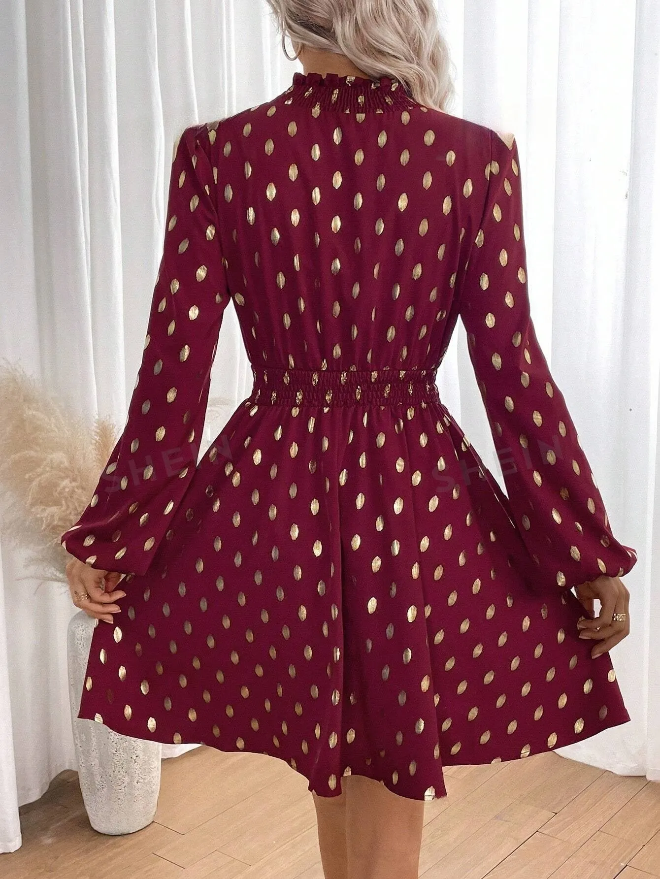 LUNE Gold Dot Print Lantern Sleeve Frill Neck Dress