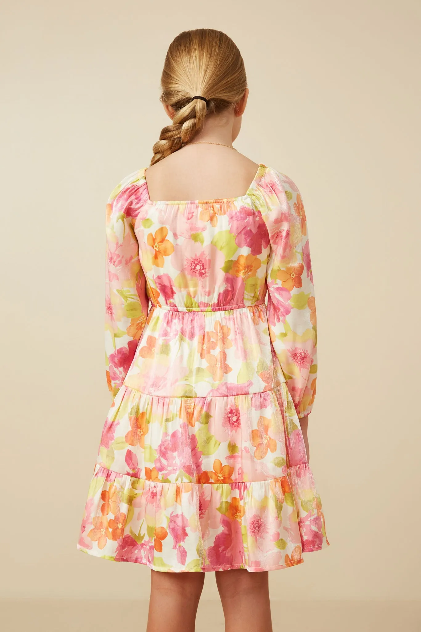 Lurex Floral Square Neck Peasant Sleeve Dress