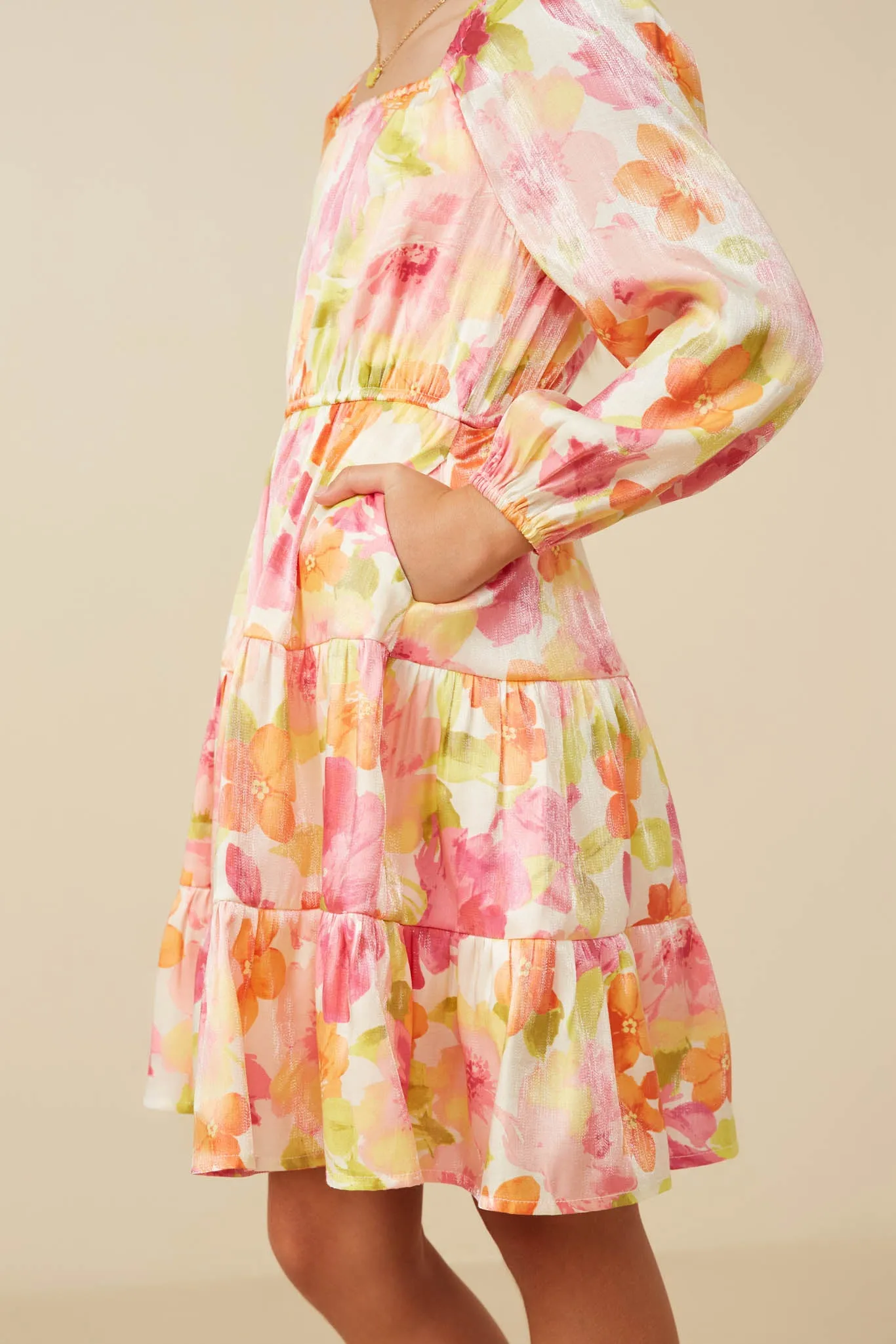 Lurex Floral Square Neck Peasant Sleeve Dress
