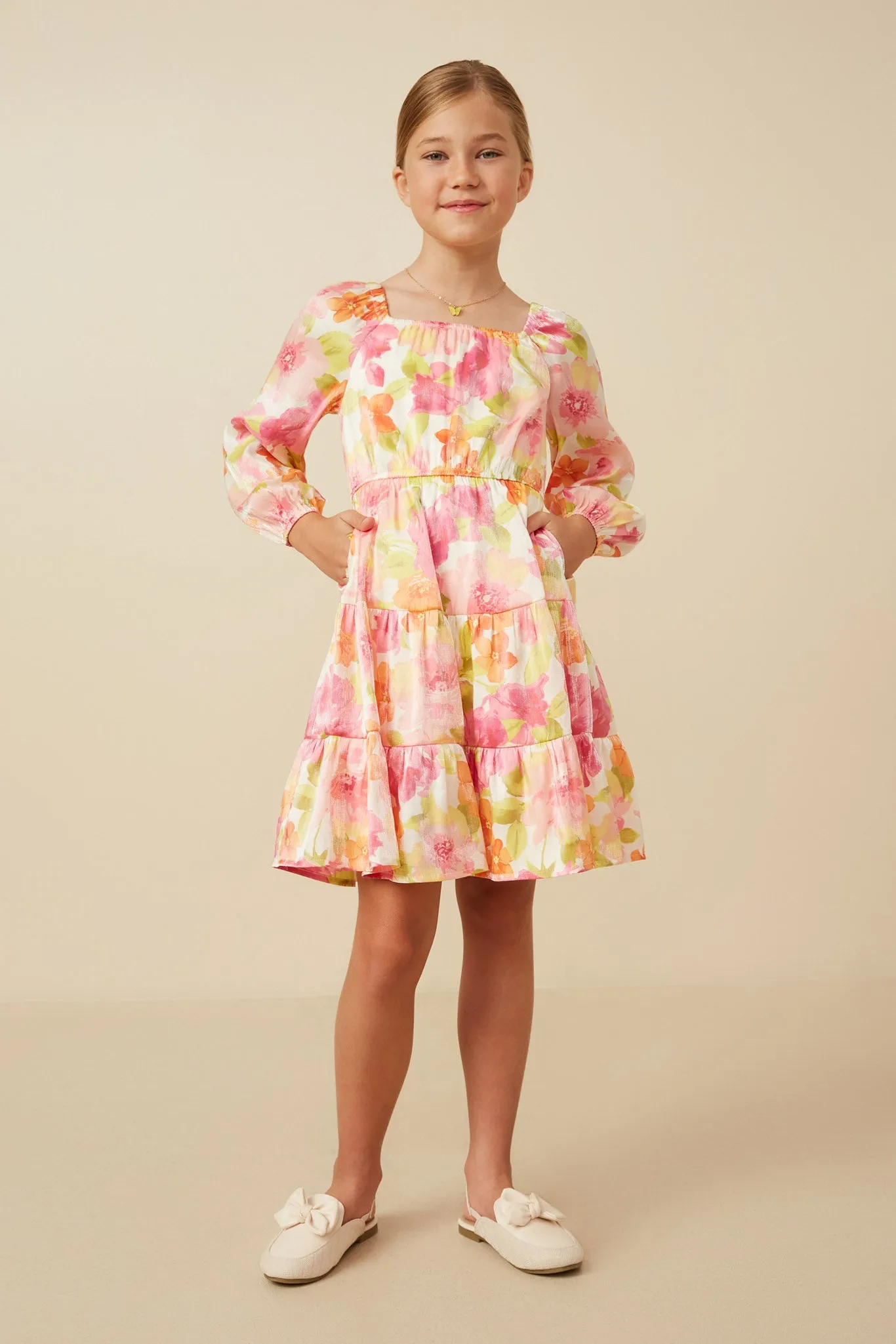 Lurex Floral Square Neck Peasant Sleeve Dress