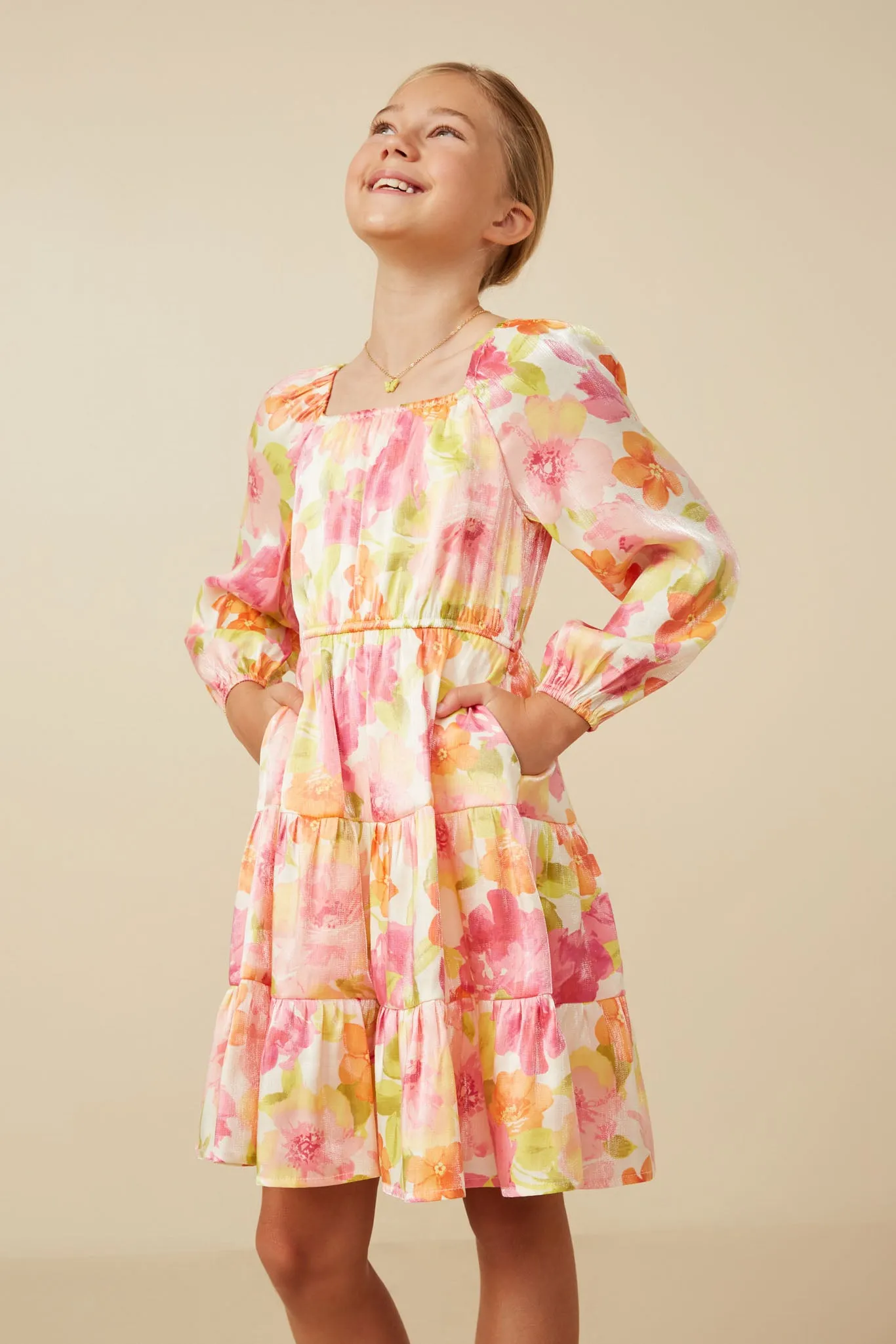 Lurex Floral Square Neck Peasant Sleeve Dress