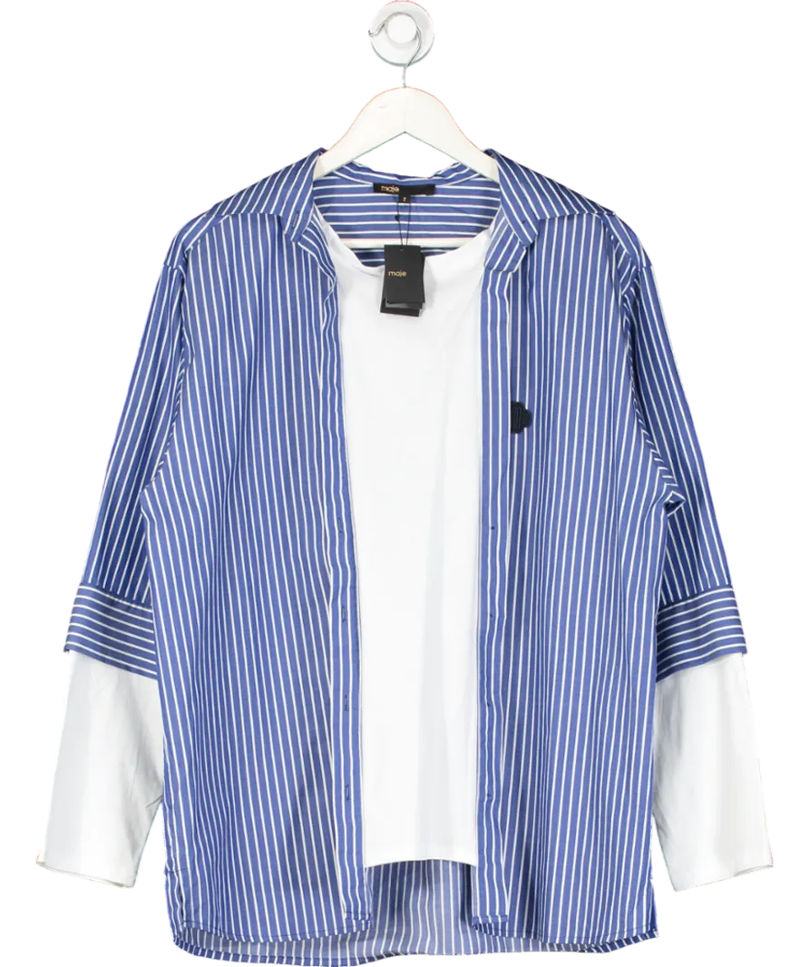 Maje Blue Organic Cotton Oversized Striped Shirt With Built In Under Top UK M